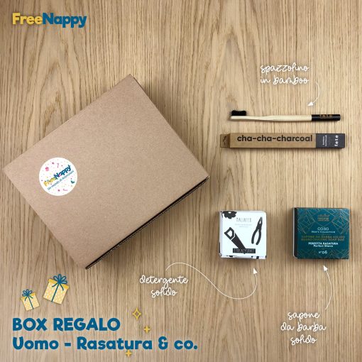 box regalo uomo con prodotti eco e bio per la rasatura e l'igiene personale