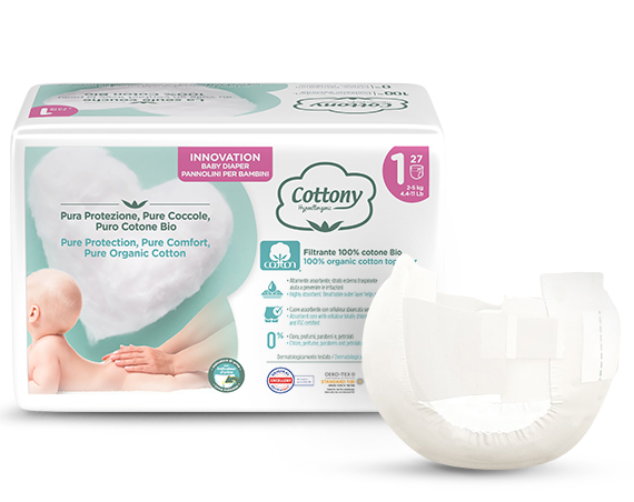 I pannolini Cottony, costituiti da cotone 100% Bio, aiutano a prevenire arrossamenti e irritazioni, rispettando la pelle del tuo bambino.